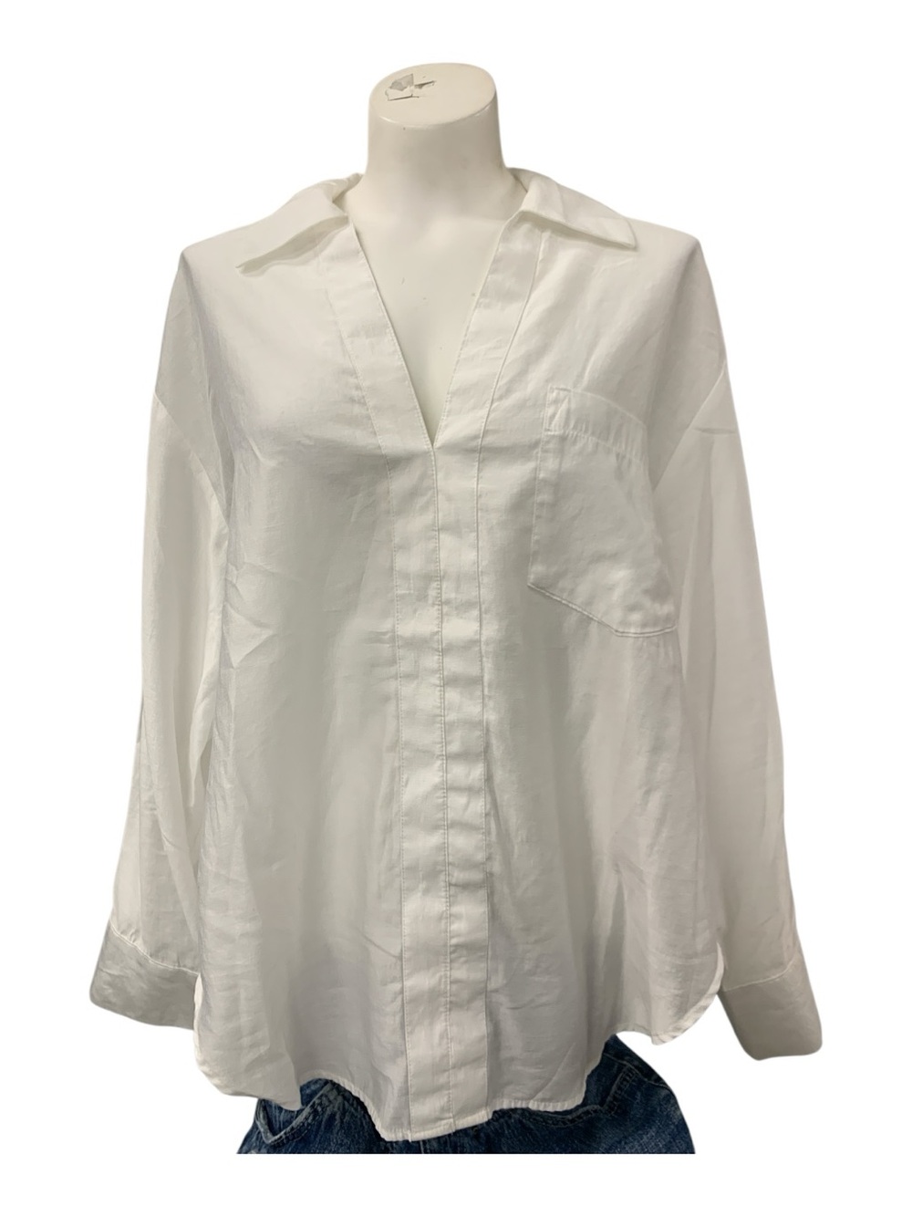 Zara White Button-Down V-Neck Long Sleeve Shirt